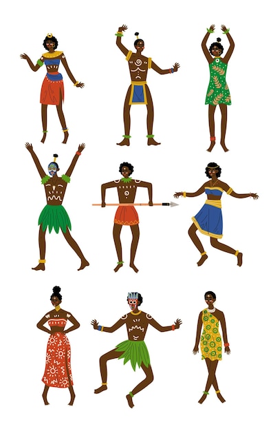 Vektor afrikanische menschen, aborigines in hellen traditionellen stammesbekleidung und ethnischen schmuck vektorillustration auf weißem hintergrund