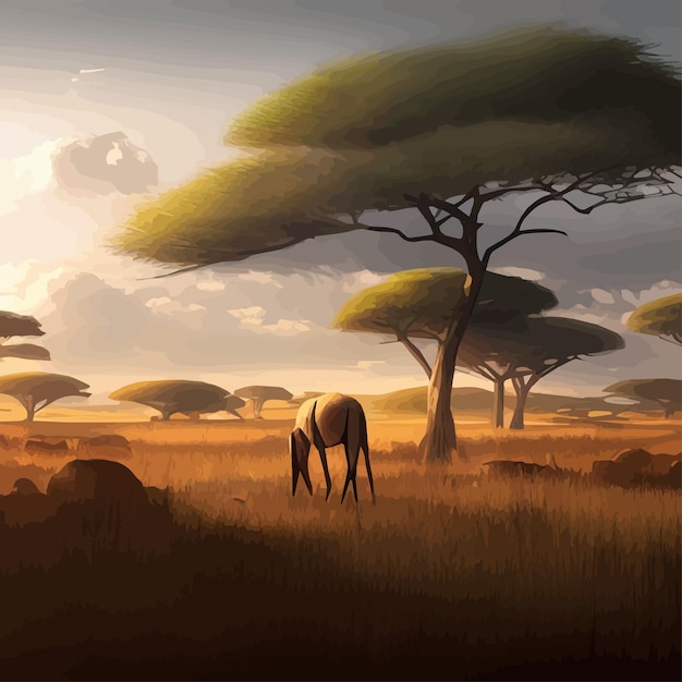 Afrikanische Savannenlandschaft, afrikanische Tierkarikatur mit grünen Baumfelsen und einfachem Weidefeld