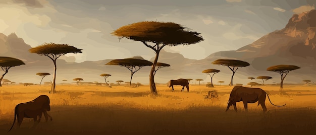 Vektor afrikanische savannenlandschaft mit wildem kaviar junger hirsche, natur afrikas, cartoon-vektor