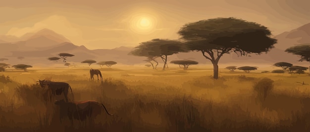 Vektor afrikanische savannenlandschaft mit wildem kaviar junger hirsche, natur afrikas, cartoon-vektor