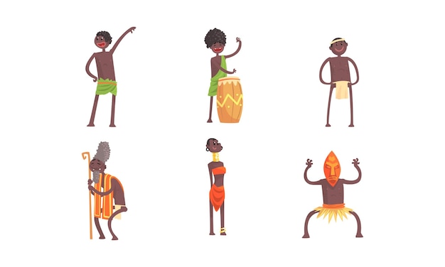 Afrikanische stammesfiguren vector set mann schlägt die trommel und tanzt voodoo-tanz