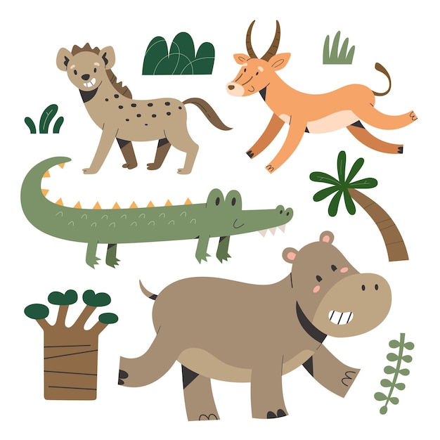 Vektor afrikanische tiere illustrationen niedliche nilpferde hyäne und antilope vektoren safari säugetiere