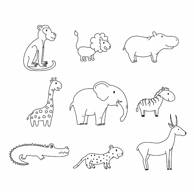 Vektor afrikanische tiere im doodle-stil malbuch für kinder