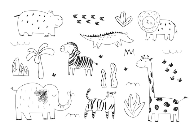 Vektor afrikanische tiere set doodle vektor lineare zeichnung elefant tiger löwe nashorn nilpferd giraffe zebra tropischer baum niedliche kinderillustrationen eps