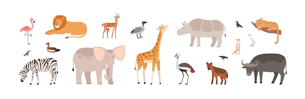 Afrikanische tiere, vögel-set. wilde dschungel-fauna. schöne tropische giraffe, elefant, büffel, löwe, flamingo, nashorn und zebra aus der afrikanischen savanne. flache vektorillustration isoliert auf weißem hintergrund.