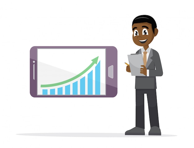 Afrikanischer geschäftsmann, der diagramm in einem smartphone überprüft.