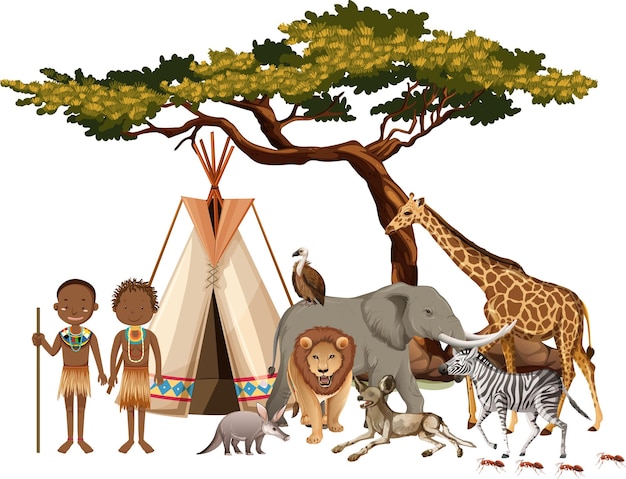 Afrikanischer Stamm mit Gruppe des wilden afrikanischen Tieres auf weißem Hintergrund