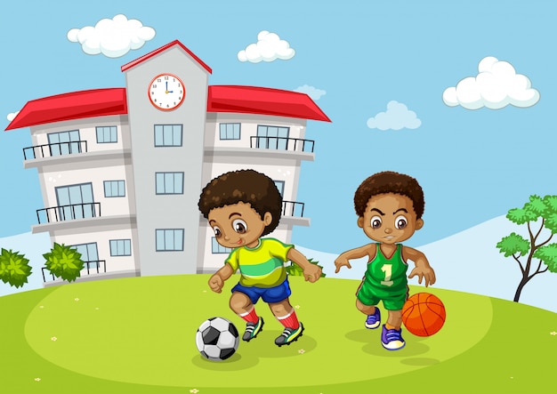 Afrikanisches kind, das sport vor schule spielt