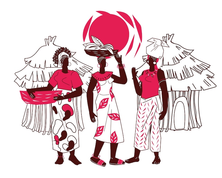 Vektor afrikanisches kulturfestival oder unabhängigkeitstag-banner oder poster-vorlage design mit afrikanischen frauen, die vor dem hintergrund von hütten stehen, und duo-farbvektorillustration der aufgehenden sonne, isoliert auf weiß