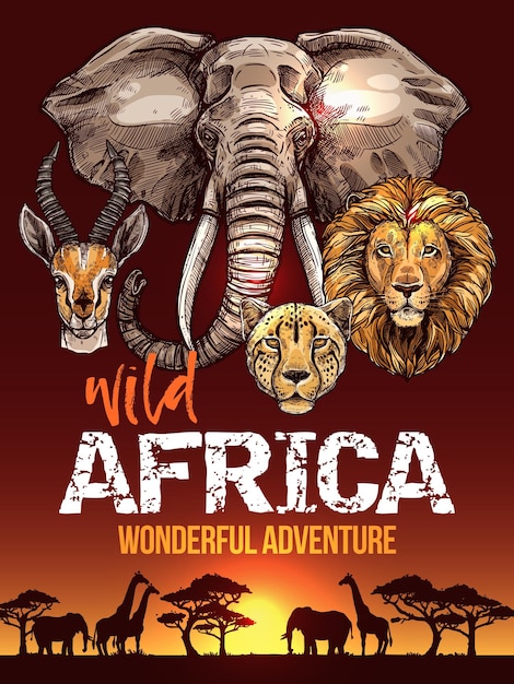 Afrikanisches Safariplakat mit wilden Tierskizzen