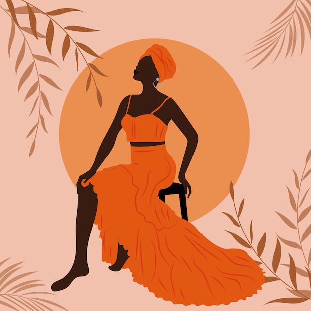 Afro-amerikanerin, die im stuhl sitzt, schwarzes mädchen, kunst, modeillustration, langes, weinrotes, orangefarbenes kleid