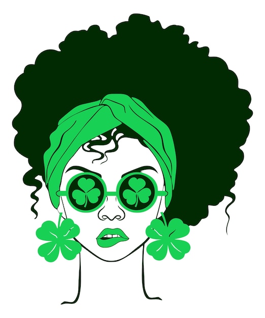 Afro-frauen saint patrick's unordentliche brötchenfrisur afrikanischer mädchenvektor st. patrick's day shamrock-vektor