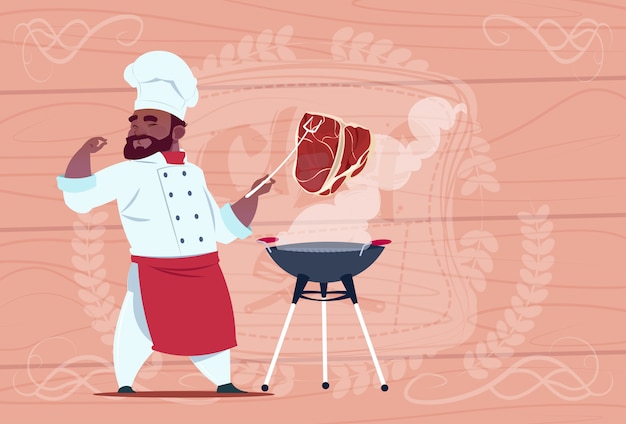 Afroamerikaner-chef-koch-grill-fleisch auf bbq-karikatur-restaurant-chef in der weißen uniform über hölzernem strukturiertem hintergrund