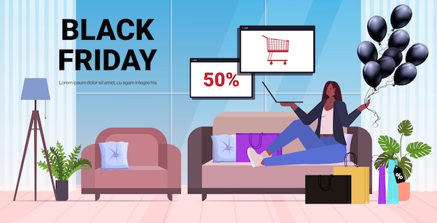 Vektor afroamerikanerfrau, die waren auf laptop-online-shopping black friday großen verkauf urlaub rabatte konzept wohnzimmer interieur kopie raum wählen