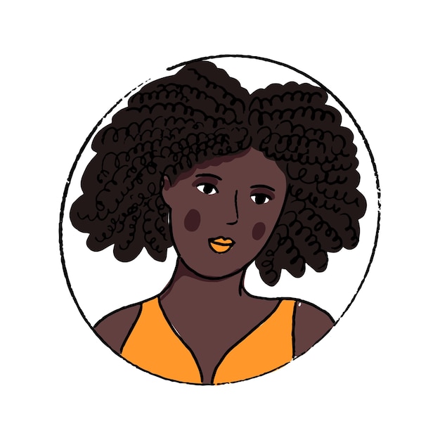 Afroamerikanerfrauenporträt. schönes junges schwarzes mädchen im orangefarbenen top mit offenen schultern. handgezeichneter doodle-vektor-avatar.