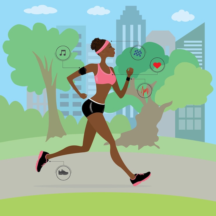 Vektor afroamerikanische junge und schlanke frau, die im park läuft, fitness-cartoon-vektorillustration