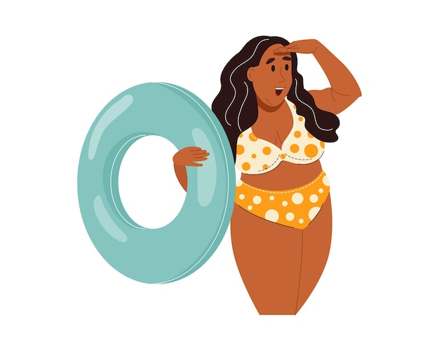 Afroamerikanische, lustige frau in übergröße im bikini mit aufblasbarem ring. flache vektorillustration der farbe