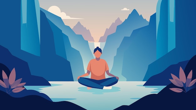 Vektor against the backdrop of a cascading waterfall a person sits gracefully in the lotus position their