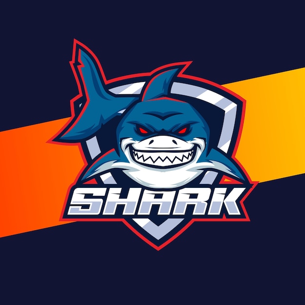 Vektor aggressives, verrücktes hai-maskottchen-logo-design mit abzeichen für sportspiele