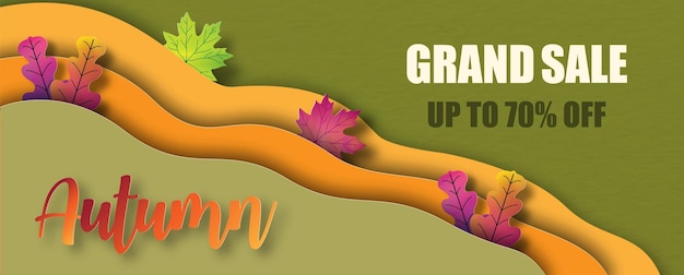 Ahorn und bunte Blätter im Papierschnitt-Stil mit Wortlaut des Verkaufsbanners auf Herbstlaubhintergrund