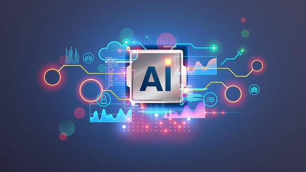 AI chip or CPU with abstract elements circuit board code program icons charts Ai or Artificial intelligence chip core with letter AI front view Future computer processor Hardware technology
