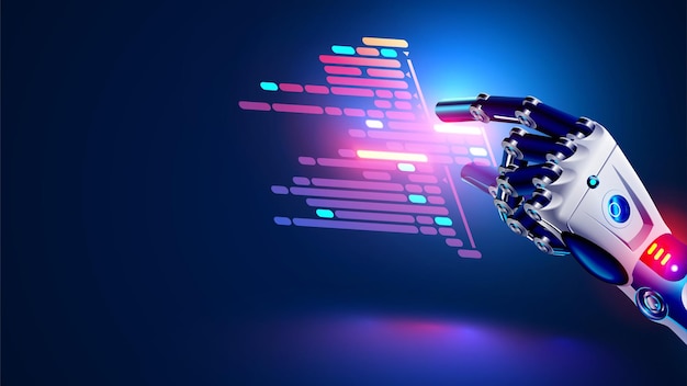 AI or Artificial intelligence programmer programming program Computer program code in AI robot hand Machine learning for writing computer programs Chatbot programmer assistant creates software