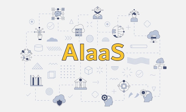 Aiaas künstliche Intelligenz als Dienstkonzept mit Ikonensatz mit großem Wort oder Text in der Mitte Vektor-Illustration
