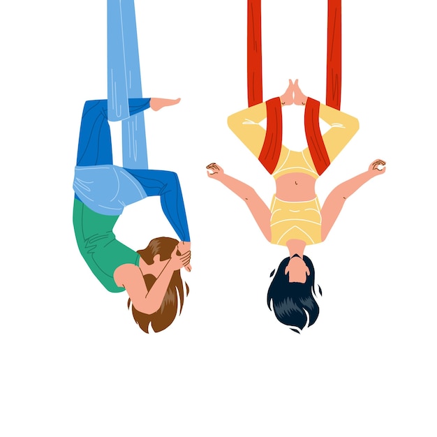 Air yoga trainingsübung mädchen paar vektor. junge frauen, die zusammen luft-yoga ausüben, damen fliegen in der anti-schwerkraft-hängematte. charaktere sportler sport aktivität flache cartoon illustration