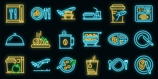 Airline food icons set vektor neon