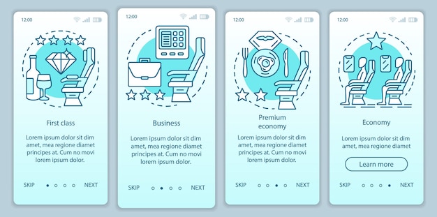 Airline-Reiseklasse-Sitzplätze in türkisfarbenem Onboarding-Bildschirm für mobile App-Seiten, Vektorvorlage. Business Class. Walkthrough-Website-Schritte mit linearen Illustrationen. UX, UI, GUI-Smartphone-Schnittstellenkonzept