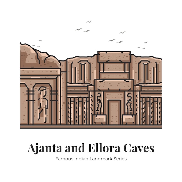Ajanta und ellora höhlen indianer berühmte ikonische wahrzeichen cartoon strichzeichnungen illustration