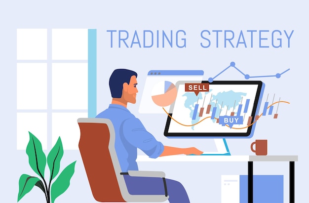 Aktienhändler, der am Computer mit Diagrammvektor arbeitet. Man Analytics Business SEO