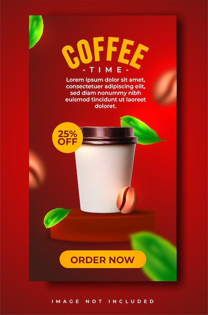 Aktionsmenü für die kaffeezeit. instagram-geschichten-social-media-vorlage mit kaffeebohnen und blätterdekoration