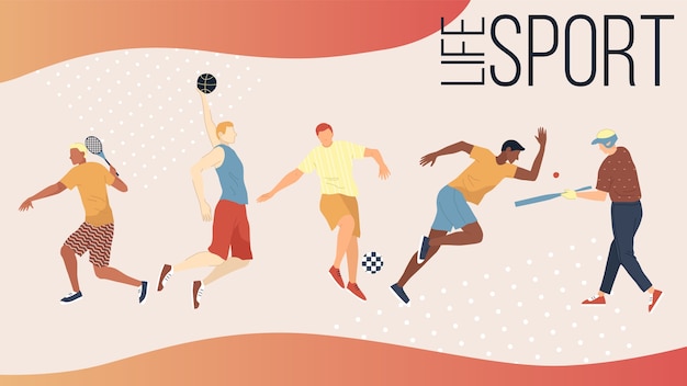 Aktive Arten von Sportkonzept. Gruppe von Personen, die sportliche Aktivitäten im Freien ausführen. Männer und Frauen spielen Basketball Fußball, Golf, Tennis, Baseball und laufen Sprint.