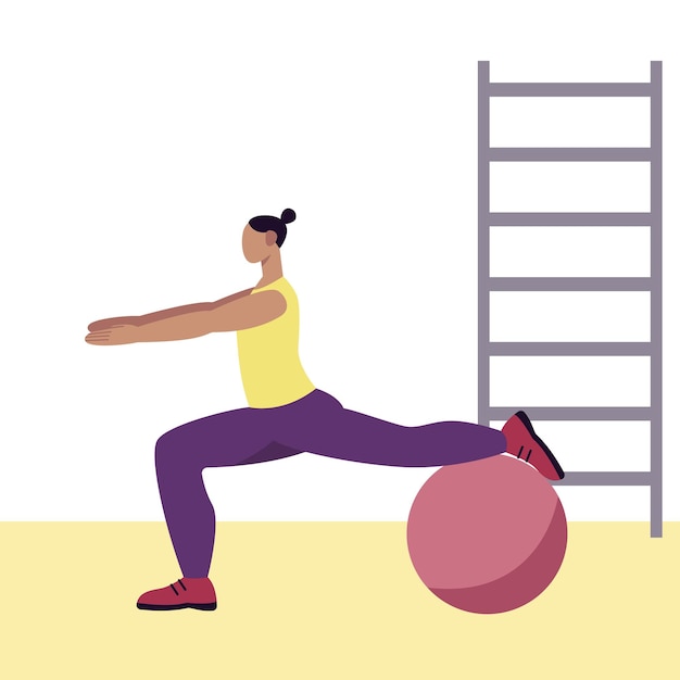 Aktive Dame macht Übungen mit Fitball im Fitnessstudio Morgentraining im Fitnessstudio