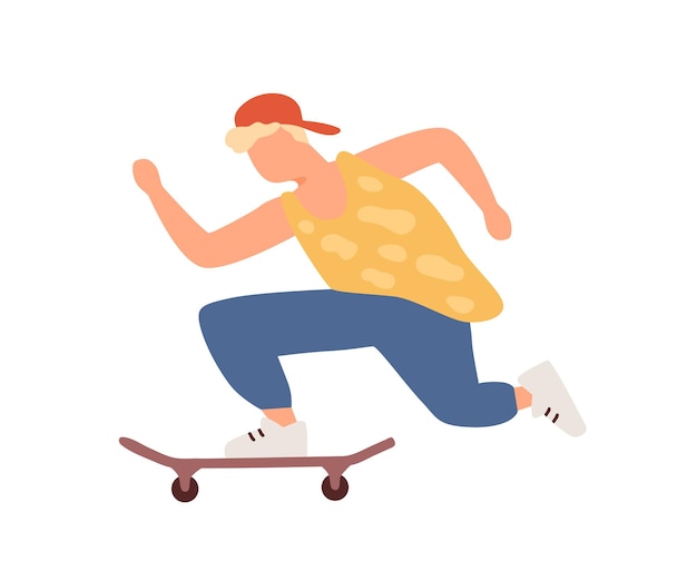 Aktiver Jugendlichjunge, der auf flacher Illustration des Skateboardvektors reitet. Hipster-Teen-Typ mit Mütze, der Outdoor-Aktivitäten genießt, isoliert auf weiß. Fröhlicher männlicher Skater, der beim Extremsport beschleunigt.