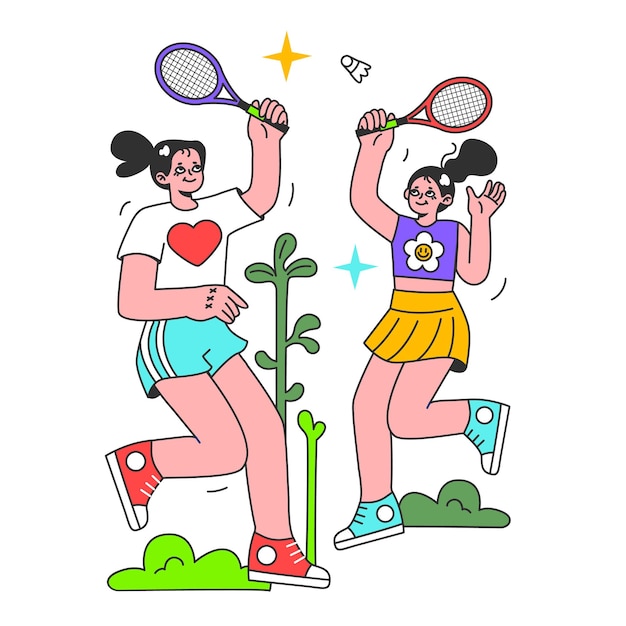 Aktivität in der Sommerpause Aktiver Lebensstil Zwei junge weibliche Charaktere genießen es, draußen Badminton oder Tennis im Stadtpark zu spielen. Flache Vektorillustration