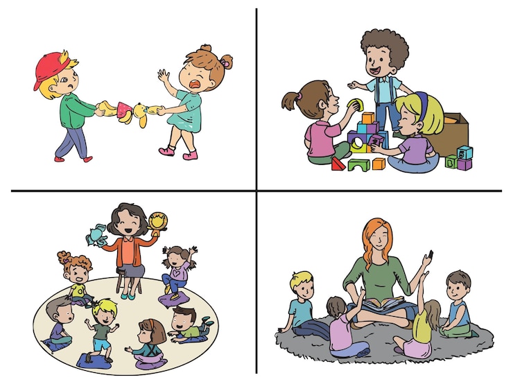Vektor aktivitäten im vorschulklassenraum teilnahme von spielzeit erzählen von geschichten und gruppenlernen illustration