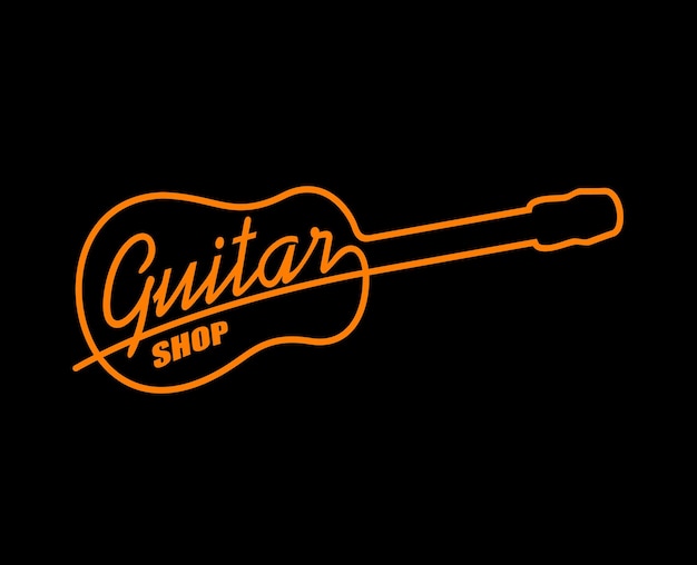 Akustische Gitarre Leuchtreklame oder Vektor-Symbol von Music Shop Rock Bar Live-Show oder Konzert Nachtclub Disco Party oder Pub Orangefarbene Neonlicht-Silhouette des Gitarre leuchtenden Saitenmusikinstruments