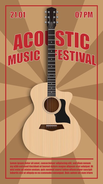 Akustische Musik Festival Flyer Poster Design Vorlage Akustikgitarre auf Holz Textur Hintergrund Vektor Illustration