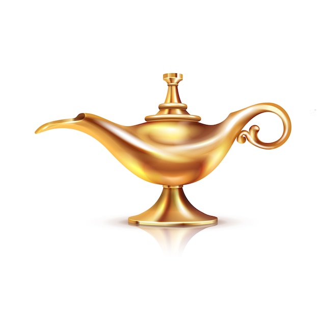 Aladdin-Lampe lokalisierte Zusammensetzung mit umständlichem Bild des magischen goldenen Schiffes in der klassischen orientalischen Artvektorillustration