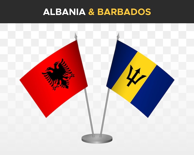 Albanien und barbados schreibtischflaggen mockup isoliert auf weißer 3d-vektorillustration tischflaggen