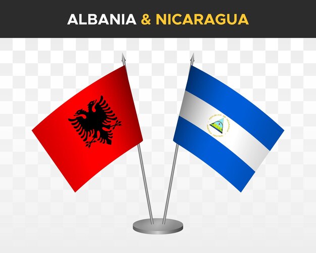 Albanien und nicaragua tischflaggen mockup isoliert auf weißer 3d-vektorillustration tischflaggen