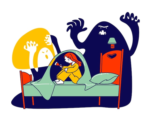 Albtraum erschreckte phobie. kleines verängstigtes mädchen mit taschenlampe, die auf bett unter decke sitzt, die sich vom erschreckenden geist versteckt, cartoon-flache illustration