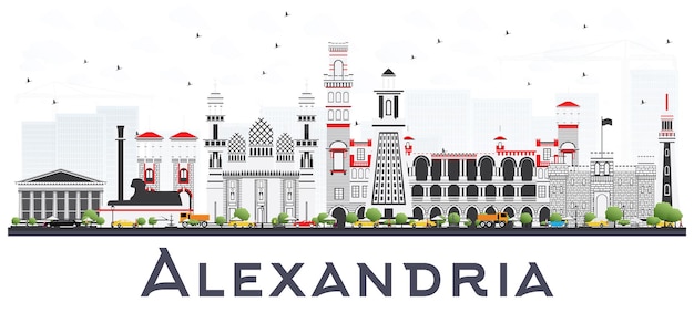 Alexandria ägypten skyline der stadt mit grauen gebäuden, isoliert auf weiss. vektor-illustration. geschäftsreise- und tourismuskonzept mit historischer architektur. alexandria-stadtbild mit sehenswürdigkeiten.