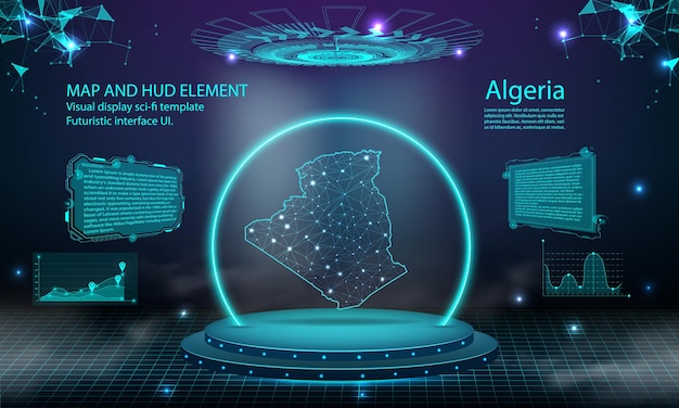 Algerien-karte licht verbindungseffekt hintergrund abstrakt digitale technologie ui gui gui futuristisches hud virtuelle schnittstelle mit algerien-karte futuristisches podium der bühne im nebel