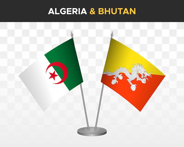 Algerien und bhutan schreibtischflaggen mockup isoliert auf weißer 3d-vektorillustration tischflaggen