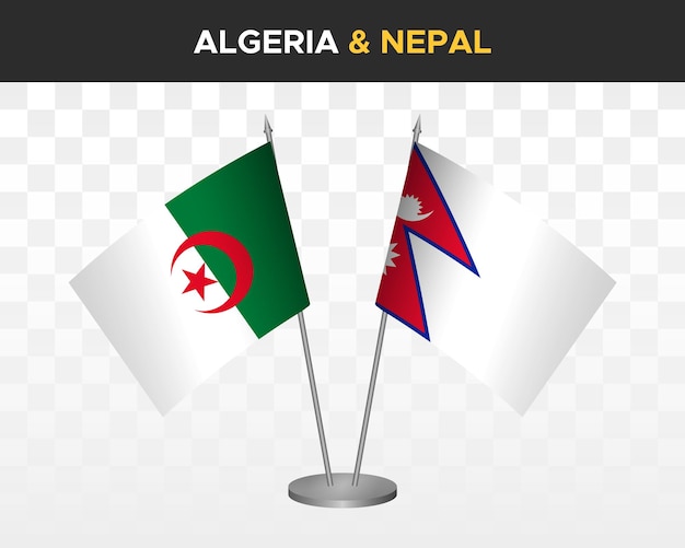 Algerien und nepal tischflaggen mockup isoliert auf weißer 3d-vektorillustration tischflaggen