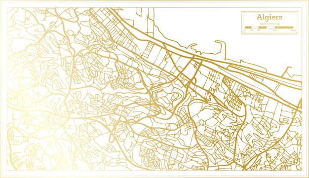 Algier Algerien Stadtplan im Retro-Stil in goldener Farbe Übersichtskarte