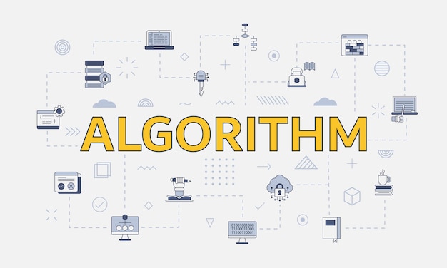 Algorithmuskonzept mit Symbolsatz mit großem Wort oder Text in der Mitte